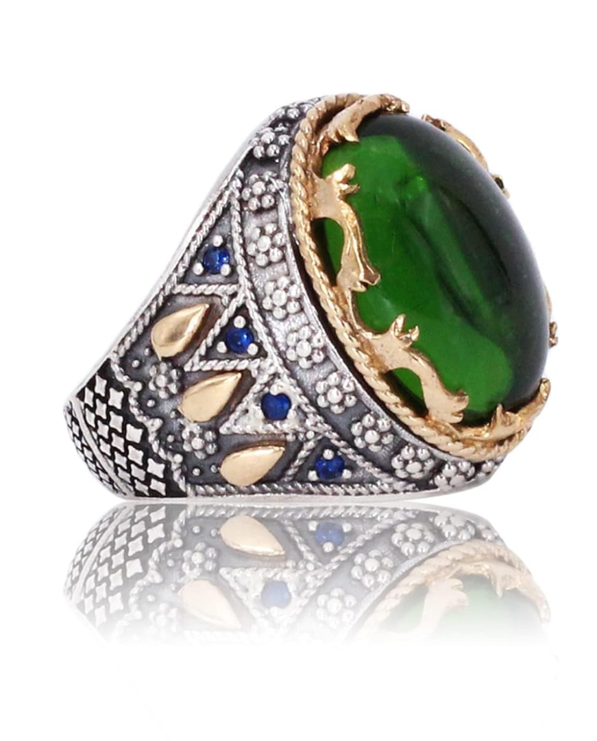 Unique Inlaid 925 Sterling Silver Mens Ring (created-emerald, 8)
