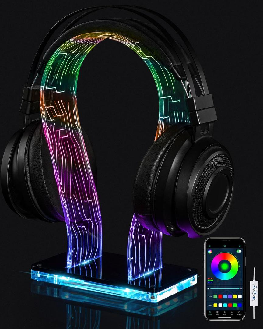 OAPRIRE RGB Headphone Stand with 213 Modes 60K Colors, Music Rhythm Sync, Acrylic Headphone Stand for Desk Enhances Gaming Setup Experience, Gaming Headset Holder with APP & Wired Controller (Deep Black)