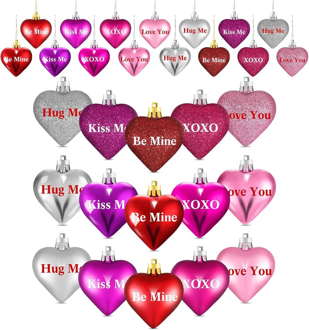 2 x Geosar 30 Pack Conversation Heart Ornaments Valentines Day Decorations, Glitter Matte Heart Shaped Hanging Baubles for Christmas Tree Wedding Home Decor (Red,Silver,Pink,Purple,Rose Red)
