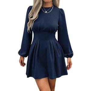 Evzeiem Work Dresses for Women 2026 Spring Business Casual Dress Long Puff Sleeve High Waist A Line Short Office Dress, Navy Blue M