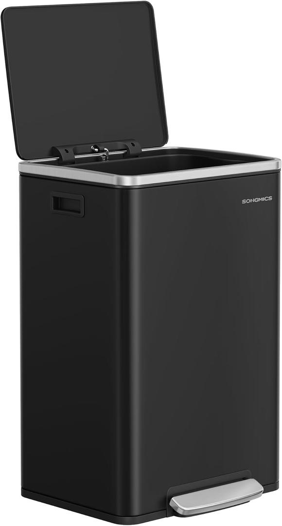 SONGMICS Trash Can, 13-Gallon Gabbage Can, with 15 Trash Bags, Steel, with Soft-Close Lid, Removable Inner Bucket, Handles, Ink Black ULTB595B01V1