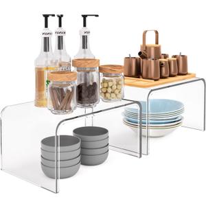 Cabinet Riser- Set of 2 Clear Organizer Riser Stand, Shelf Riser for Kitchen Storage, Display Pantry Shelf Room Decor Countertop Desk Shelves, Retail Display Stand