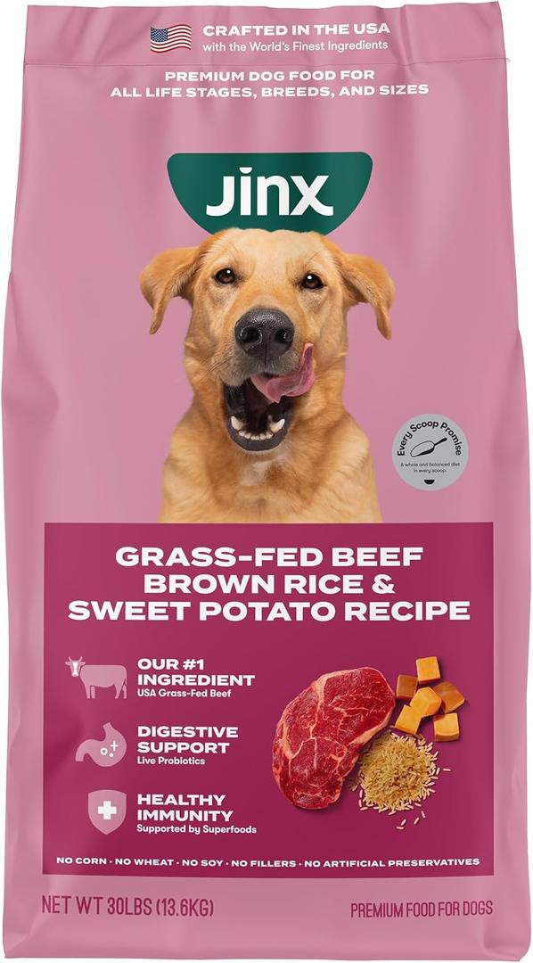 Jinx Premium Dry Dog Food, for All Lifestages - Real Beef, Brown Rice & Sweet Potato Kibble with Superfoods for Immune Support & Probiotics for Digestive Support - No Fillers - 30lb - 30 Pound, Pack of 1, Best By 10/28/2026