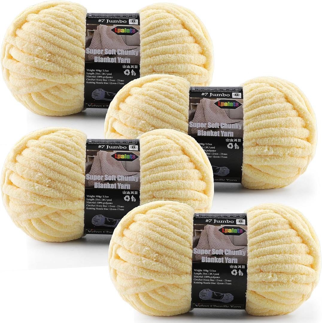 4-Pack Chunky Yarn for Crocheting Blankets & Big Projects - 14oz/152.8yd Total, Ultra Soft & Bulky Chenille Yarn, Perfect for Blankets, Amigurumi, Soft Yellow