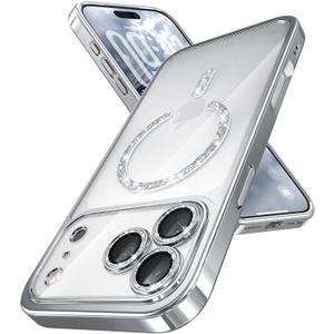 Magnetic for iPhone 17 Pro Case with Glitter Integrated Lens Protection, [Glossy Bumper & Shiny Magnetic Ring] [Compatible with Magsafe] Cute Women Girly Protective Phone Case for iPhone 17 Pro Silver