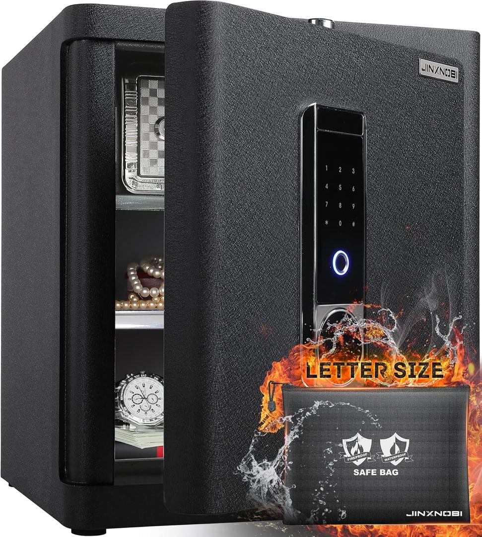JINXNOBI Deluxe Biometric Safe with Fireproof Waterproof Bag,2.25 Cubic Feet Safe Box with Fingerprint Access,Security Lock for Home Office Hotel, 66lbs