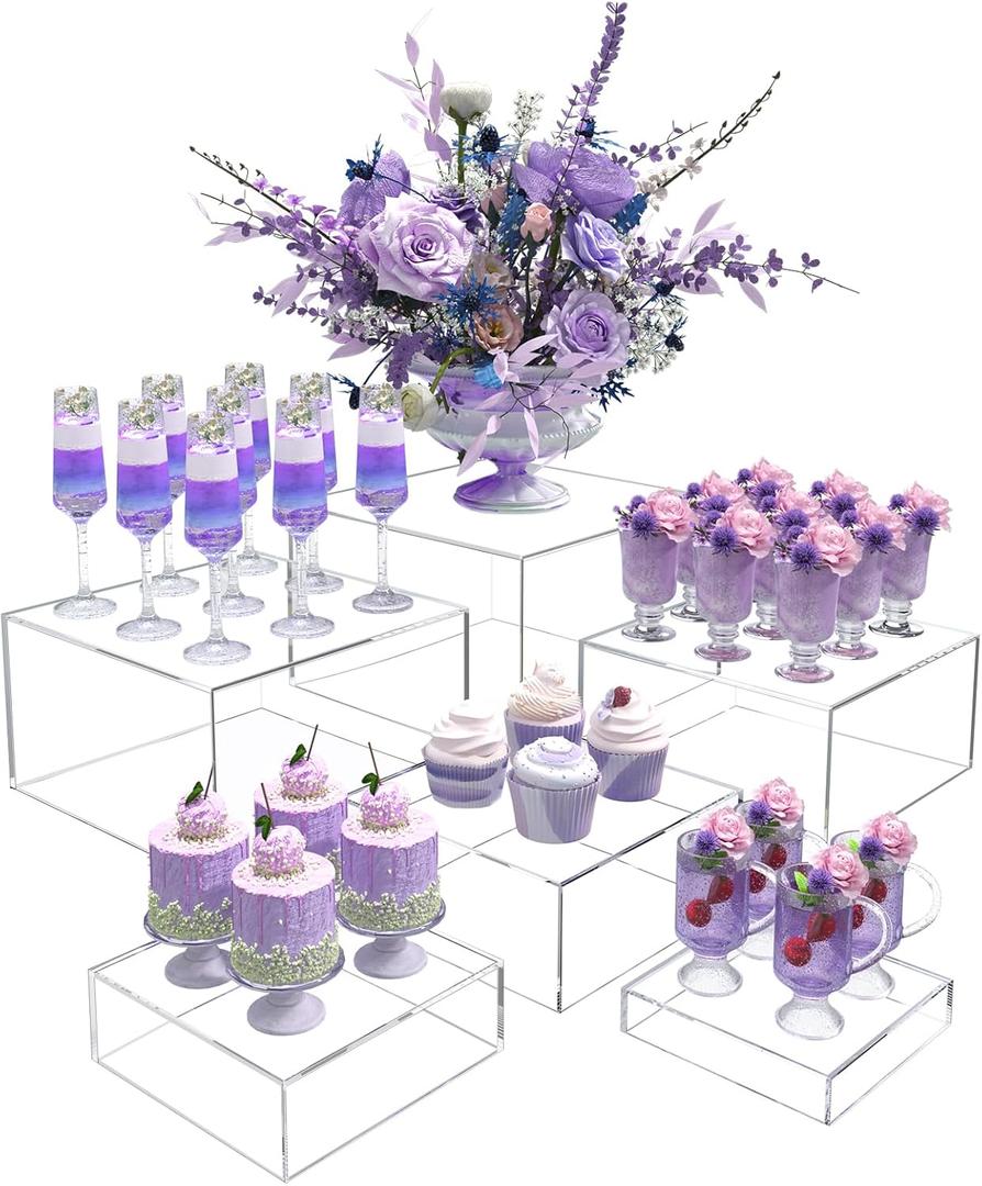 Buffet Risers, Food Display Risers for Party, Crystal Clear Acrylic Risers Display Stand for Buffet Table, Catering Displays for Dessert, Cube Box Nesting Riser with Hollow Bottom (5"x6"x7"x8"x9"x10" 6PCS Clear)