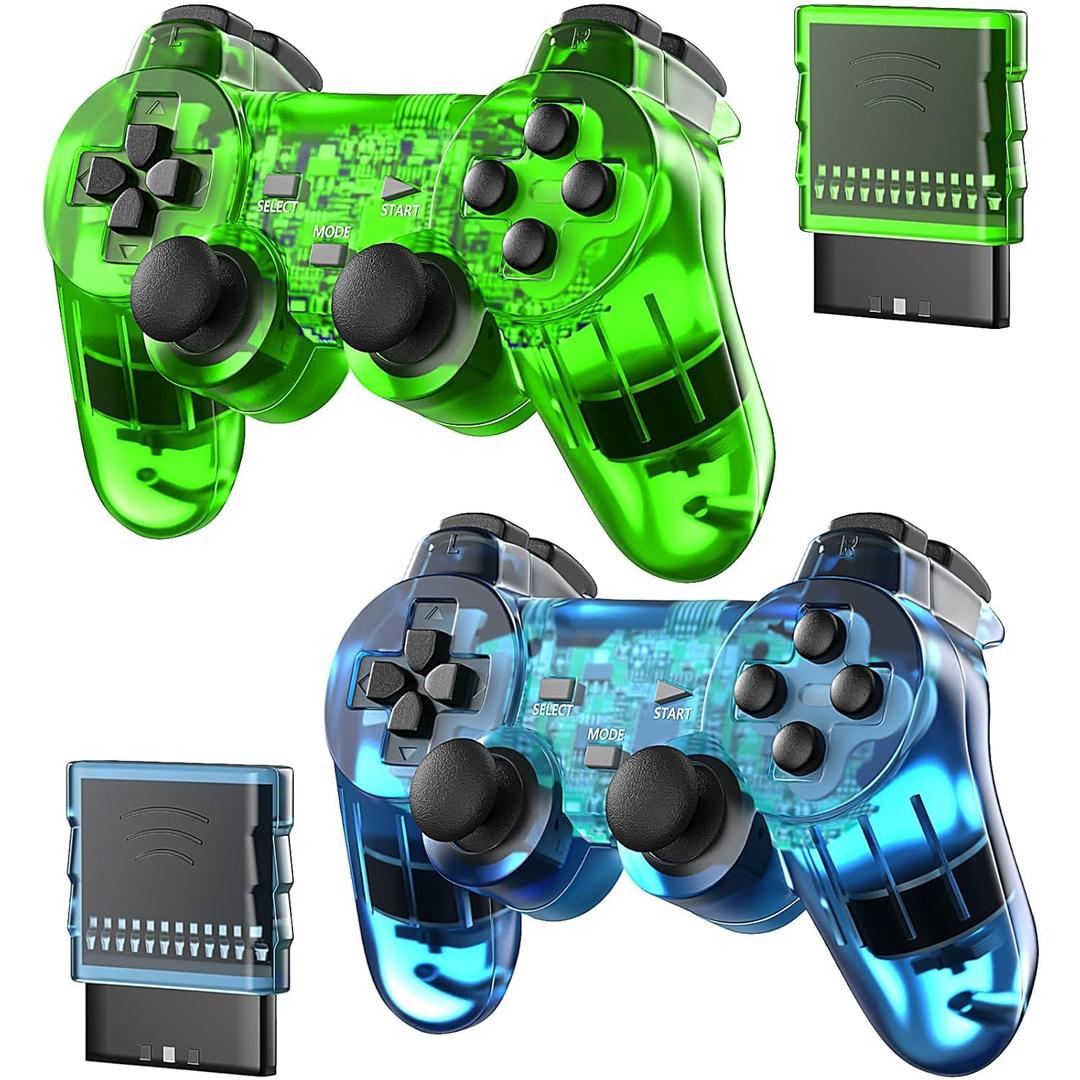 Degulan Wireless Controller Compatible with PS-2 Console, Remote Gamepad for Play 2 (Green and Blue)