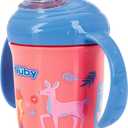 Nuby No-Spill Two Handle Babys First Soft Spout Cup with Hygienic Cover | 2 pack: Aqua Travel & Blue Cars or Aqua Ocean & Pink Animals | 8oz/ 240 ml | 4+ Months | 2 pack