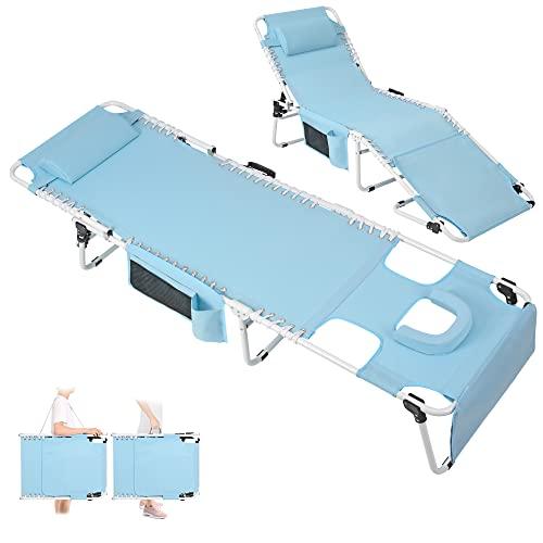 Oversized Heavy Duty Tanning Chair with Face Hole Adjustable 5-Position Folding Chaise Lounge Chairs for Outside Portable Layout Beach Lounge Chair for Outdoor Sunbathing Patio Pool Lawn Deck Poolside