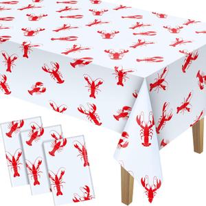 3 x Touman 4 Pieces Crawfish Tablecloth Birthday Party Lobster Table Covers White and Red Crawfish Table Cloth for Party Decoration Supplies, 108 x 54 Inches