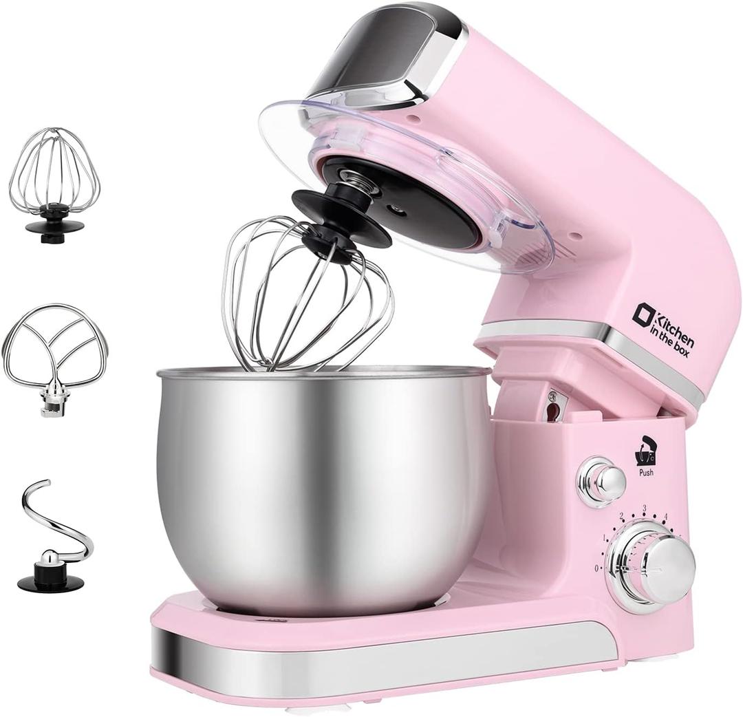 Kitchen In The Box Stand Mixer,3.2Qt Small Electric Food Mixer,6 Speeds Portable Lightweight Kitchen Mixer for Daily Use with Egg Whisk,Dough Hook,Flat Beater (Pink)