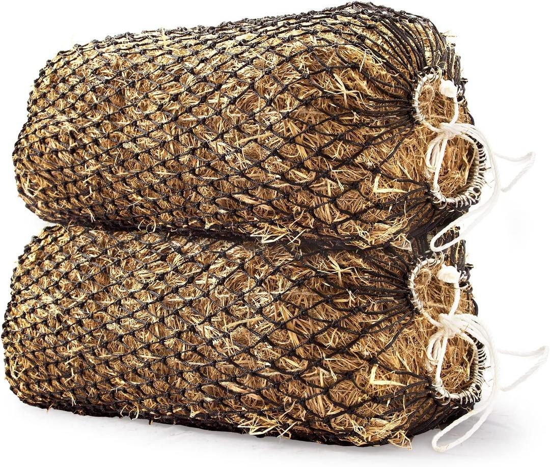 Bloomoak Slow Hay Net Feeder for Horses, Durable Soft Black PE 2/3 String Hay Bales Bags, Fit 36x18x18 to 47x25x17 Inches, Extends 50-64 Inches (2 1.6" Hole/2PC)