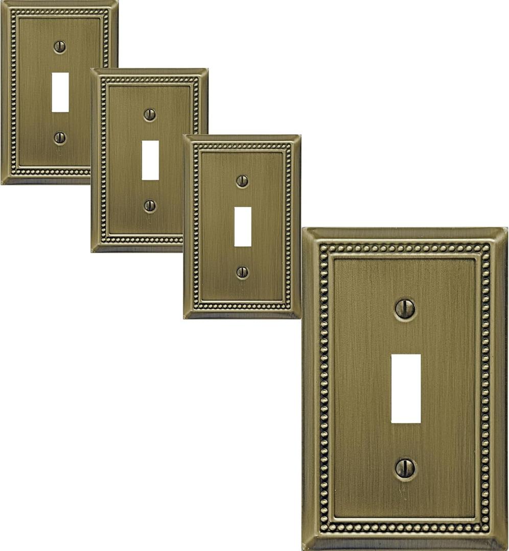 Single Toggle Light Switch Cover Belaire Beaded Metal Wall Plate, 4-Pack Antique Brass 1 Gang, for Light Switch Cover Decorative Wallplate, Durable