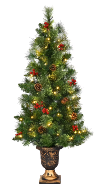 3ft Pre-Lit Christmas Entrance Tree In Urn w/ 40 LED Light Red Berries Pine Cone