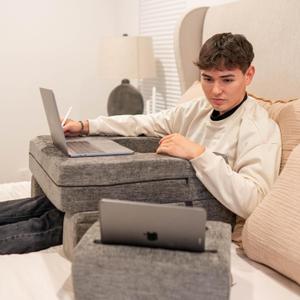 Adjustable Reading Pillow for Gaming, Work from Home, Laptop Pillow Desk with Cup & Phone Holder, Memory Foam Lap Desk Pillow for College Students, Extra Large Arm Rest Pillow for Working, Reading (Grey)