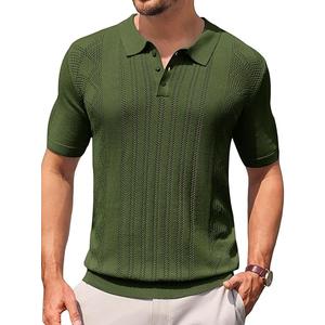 Runcati Mens Knit Polo Shirts Short Sleeve Slim Fit Casual Golf Shirts Hollow Out Cotton Summer Textured Tops, Army Green, Large