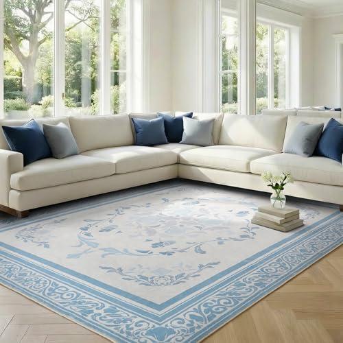 SOULFUL Medium Pile 8x10 Rugs for Living Room - Cozy Soft Underfoot Large Area Rug - Mist Blue Boho Floral - Washable Non-Slip - Perfect for Bedroom Kids Room Under Dining Table Office