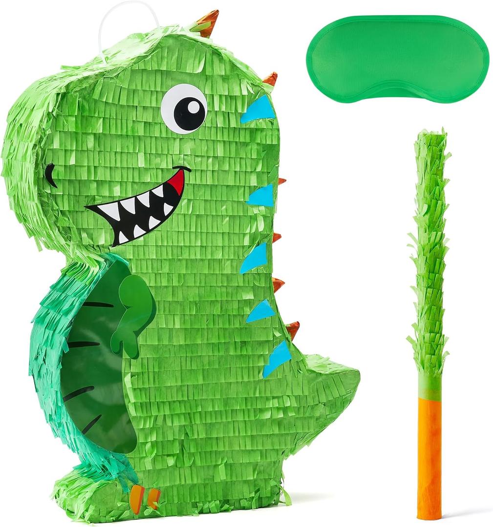 Dinosaur Pinata with Plastic Bat and Paper Blindfold15.5H X 10.5W X 3D), Cinco De Mayo Party, Dinosaur Animal Theme Parties Decorations, Indoor or Outdoor fiesta, Dinosaur Boy