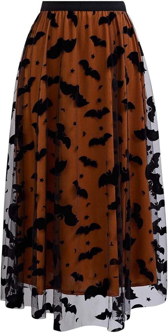 Women Pumpkin Skirt Elastic Waist Layered Mesh Midi Skirt Party Costume (Brown) Women's Pumpkin Tulle Tutu Skirt Velvet Bats Elastic Waist Halloween Party Layered Mesh Midi Skirt Halloween Costume (Pumpkin)