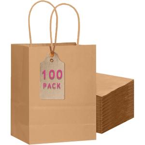 qiqee 100-Packs Brown Paper Gift Bags with Handles Bulk 7.6"x4.75"x10.5" Medium Size Gift Bags Multiple Uses