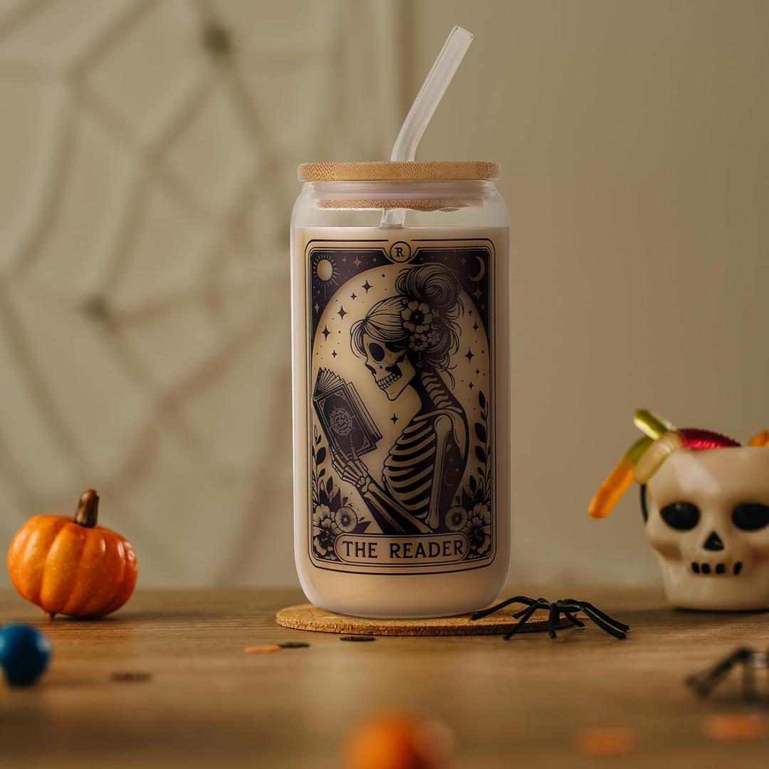 Skeleton Reader Halloween Glass Cup, Cute Halloween Spooky Gifts for Book Lovers, 16 oz Iced Coffee Tumbler Cup with Lid Straw, Book Themed Bookish Reading Gifts for Women Librarian Reader