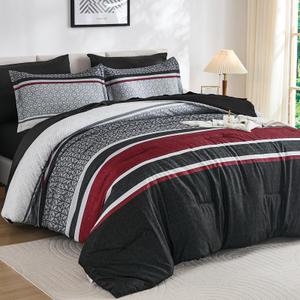 7 Pieces Queen Size Comforter Set Black-red Boho Striped Bed in a Bag