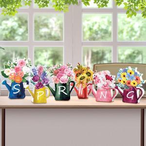 Yookeer 6 Pcs Spring Wooden Signs Decor Wood Tabletop Spring Flowers Tiered Tray Decorations Watering Can Table Centerpiece Wall for Home Office Farmhouse Tabletop