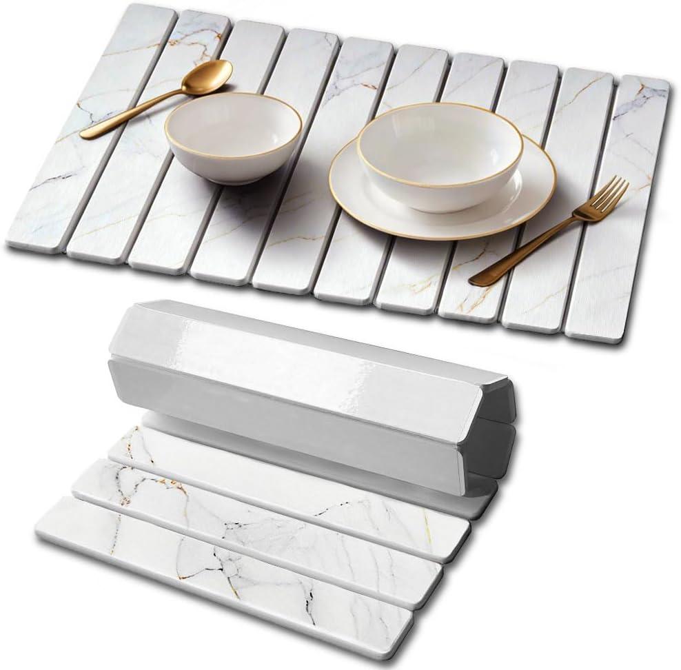 Stone Drying Mat for Kitchen Counter, Quick Diatomaceous Earth Mats for Dishes, 23.6"L x 15.7" W Super Absorbent Fast-Drying Collapsible Countertop Stone Mat (Marble Gold White, 24" x 16")