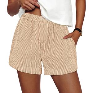 PRETTYGARDEN Women's Striped Boxer Shorts Summer 2025 Trendy Casual Elastic Waist Lounge Sleep Pajama Bottoms Beach Shorts (Striped Khaki White)