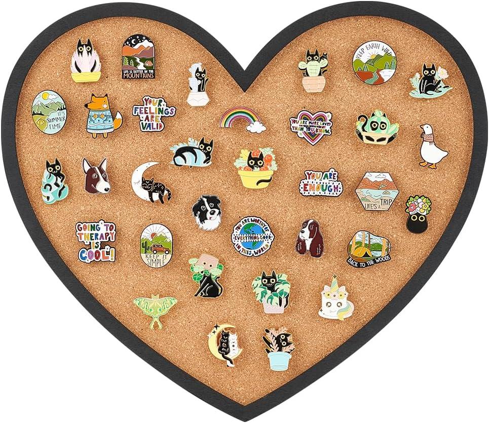 BENECREAT Pin Board Heart Cork Board Bulletin Display Board, 0.6inch Thick Wall Mounted Cork Board for Brooch Pin Storage, Office Home Festival Valentine's Decor, 11.8x10.2inch
