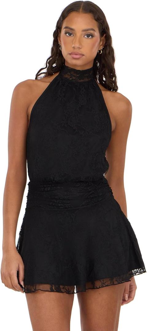 Forever 21 Women's Halter Neck Mini Lace Dress with Pleating at Waist, Black, L