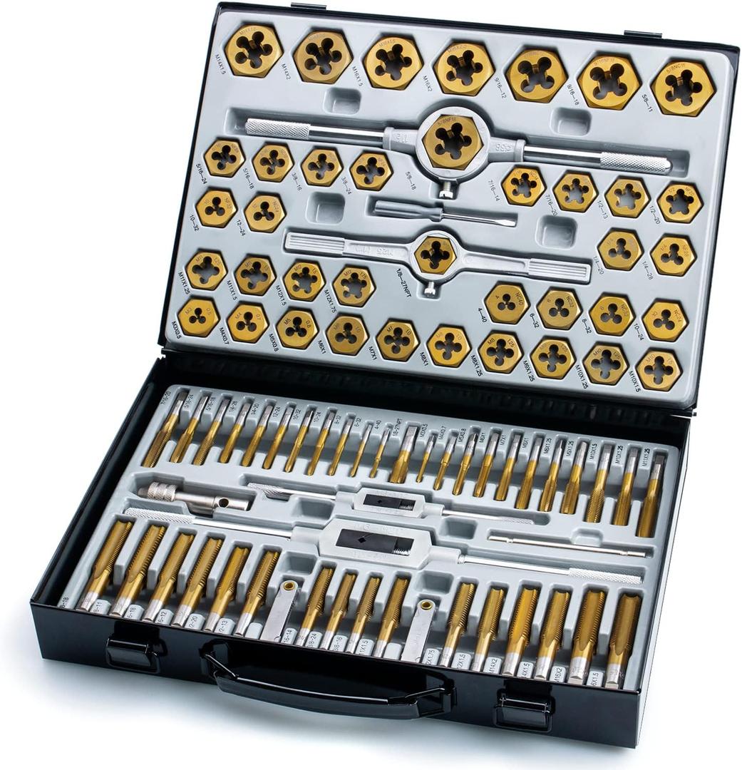 86-Piece Master Tap and Hex Die Set, Premium Titanium Coating | SAE Size #4 to 5/8, Metric Size M3 to M16 | For All Coarse, Fine, Pipe Threads | Complete with Holders, Stocks, Gauges and Metal Case