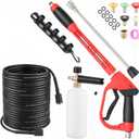 Pressure Washer Gun and Hose Kit, 3600PSI 50Ft Pressure Washer Hose with Foam Cannon & 2Pcs Extension Wand & 5Pcs Nozzle Tips & M22-15mm Fittings for Car Wash Driveway House