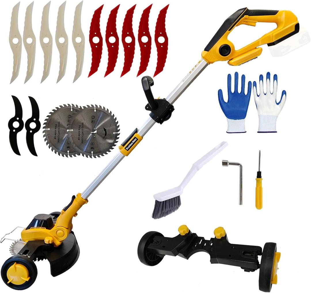 Electric Weed Wacker Eater Cordless Brush Cutter Battery Powered Weed Trimmer with Wheels 4 in 1 Brushless GrassTrimmer/Lawn Edge Compatible with Dewalt 20V Battery(Battery Not Included)