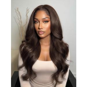 Dark Brown Synthetic Lace Front Wigs for Women HD 4x6 Lace Front Wig Glueless Pre Plucked 24 Inch Long Layered Wavy Wig with Natural Hairline for Beginners