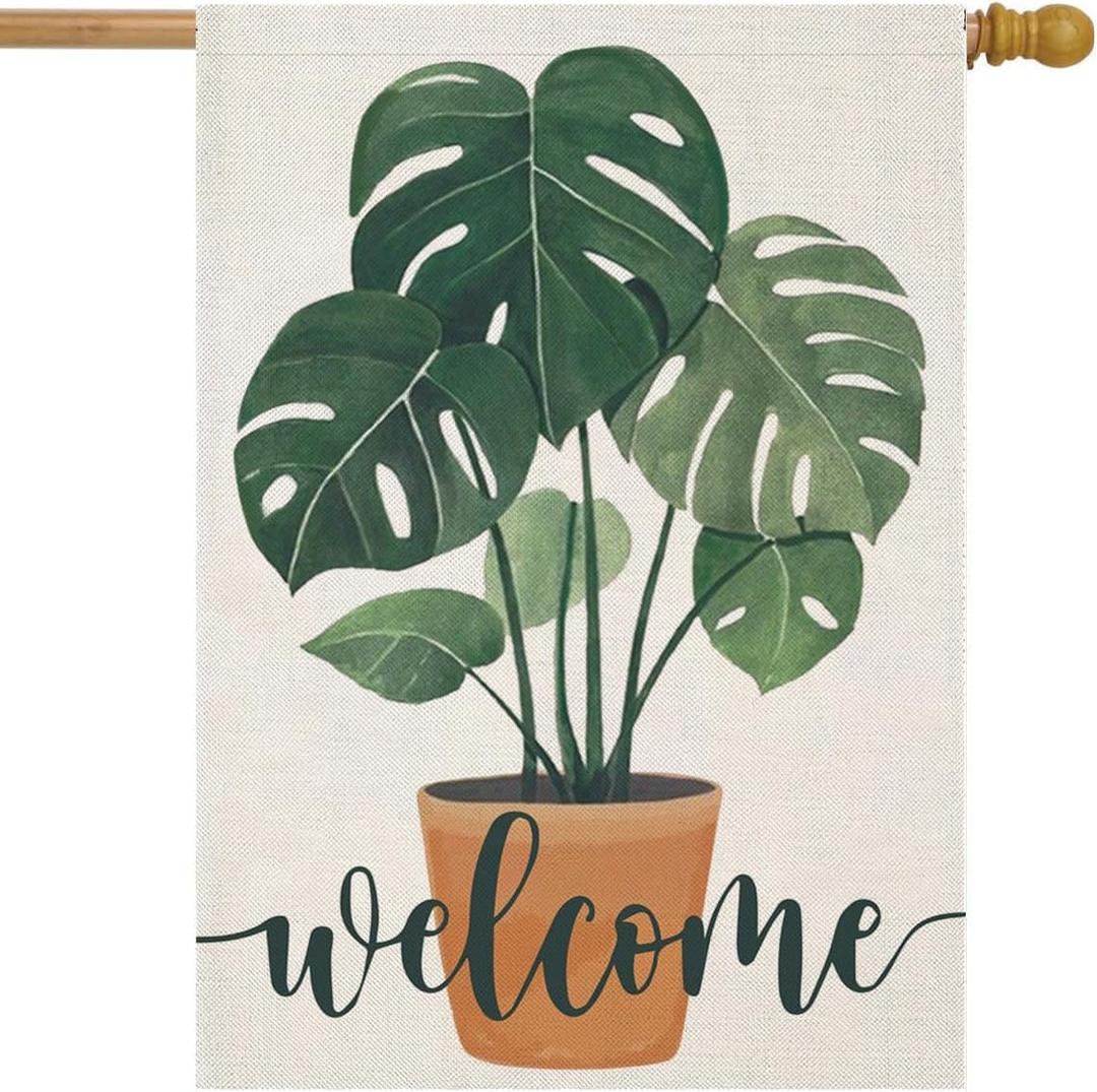 Welcome Summer House Flags for Outside, Seasonal Watercolor Monstera Deliciosa House Flag, Large Spring Yard Decorations for Outdoor Anniversary Wedding 28x40 Inch Double Sided