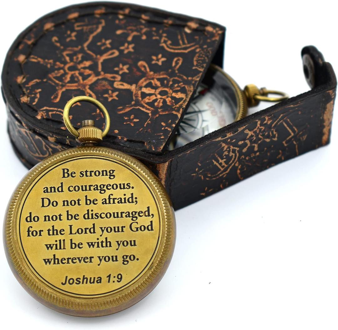 Be Strong and Courageous (Joshua 1:9) Brass Compass with wooden Box-Engraved Scripture Prayer Compass Religious Gift for Men & Women - Baptism, Confirmation, Communion Compass for Boys Graduation Gift