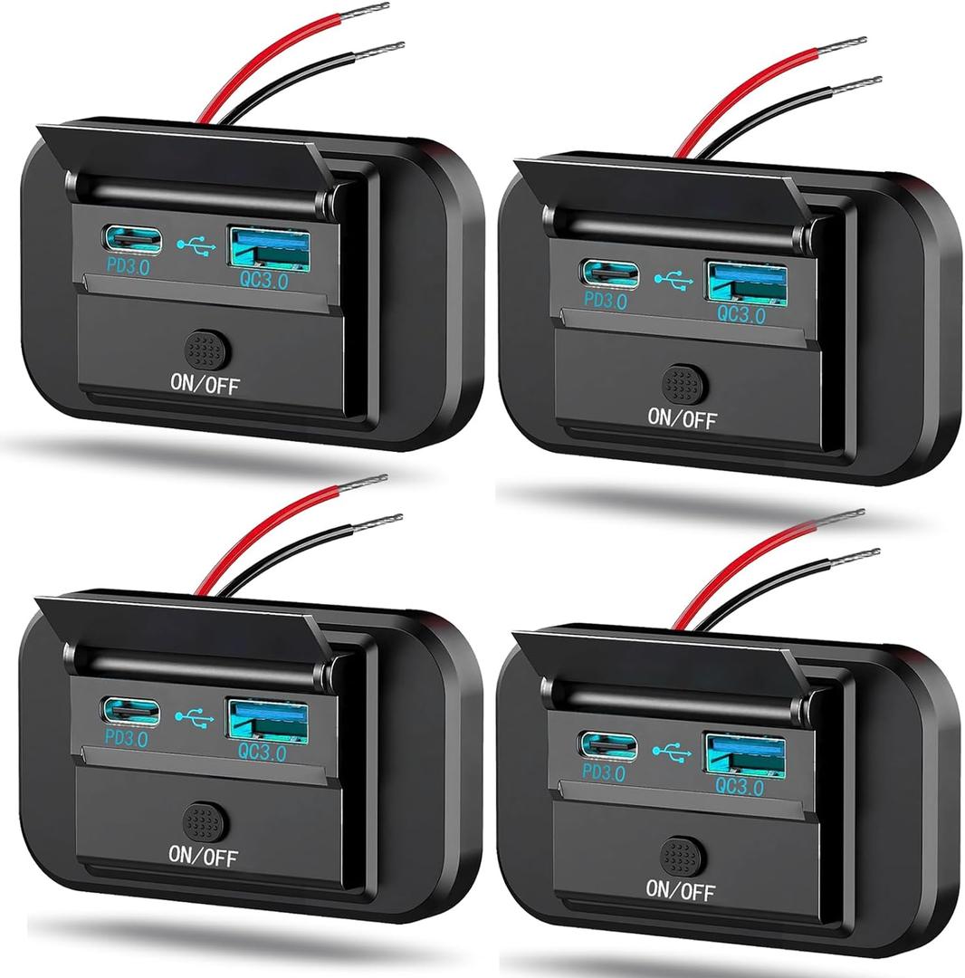 4PCS 12V RV USB Outlet with Power Switch, Vadaxx 54W Dual PD3.0 Type-C & Quick Charge QC3.0 USB-A Port Panel Wall Mount Cap, Car USB Socket Charger Adapter for RV Marine Boat Bus ATV Motorcycle Truck