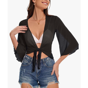 Women's Short Cardigan Bolero Shrug Sheer Tie Front Top 3/4 Sleeve Jacket for Dress, XL