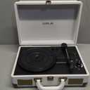 Jorlai Record Player 3 Speeds Turntable with Bluetooth Built-in Battery Stereo Speakers Vintage Record Player Belt Driven Portable Suitcase PC Recording White