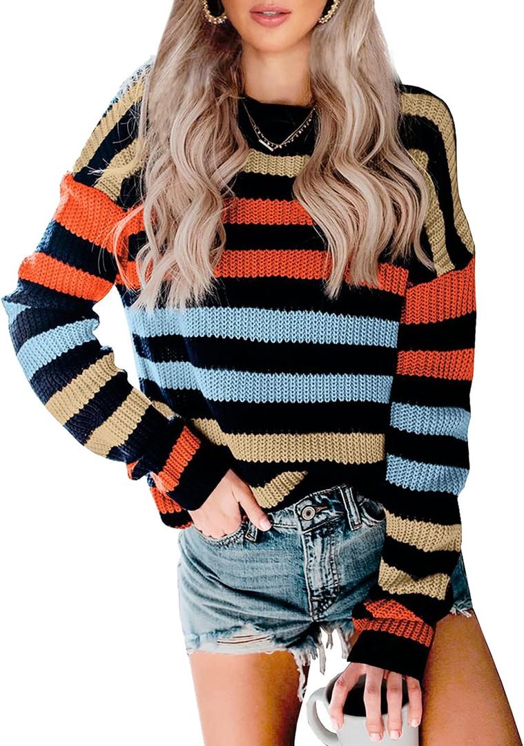 2 x KIRUNDO Women's 2025 Fall Winter Striped Color Block Short Sweater Long Sleeve Crew Neck Casual Loose Knit Pullover Tops (Blue, XL)