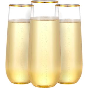 N9R 36PCS Plastic Champagne Flutes, 9 Oz Stemless Disposable Gold Rim Toasting Glasses, Crystal Clear Cocktail Cups Drinkware Shatterproof Ideal for Party Wedding Birthday