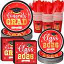 Funnymoom 400 Pcs Graduation Party Supplies Class of 2026 Graduation Paper Plate Napkin Cup Cutlery Congrats Grad Disposable Tableware Set for Grad Party Decorations, Serve 50(Red)