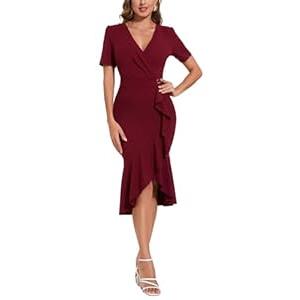 KnoInt Burgundy Bodycon Short Sleeve Dresses for Women V Neck Summer Wrap Ruffle Hem Party Dress with Back Zipper, XX-Large