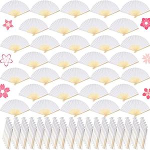 Yookeer 80 Pieces Paper Hand Fan and Organza Hand Fan Bags Bamboo Folded Hand Fan Paper Handheld Fans for Wedding Party and Home Decoration Church Wedding Gift, Party Favors, DIY Decoration(White)