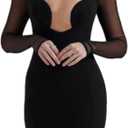 Evankin Women's Sexy Dress Club Hanging Neck Deep V-Neck Wrapped Hip Skirt Mesh Long Sleeve Skirt (Black)