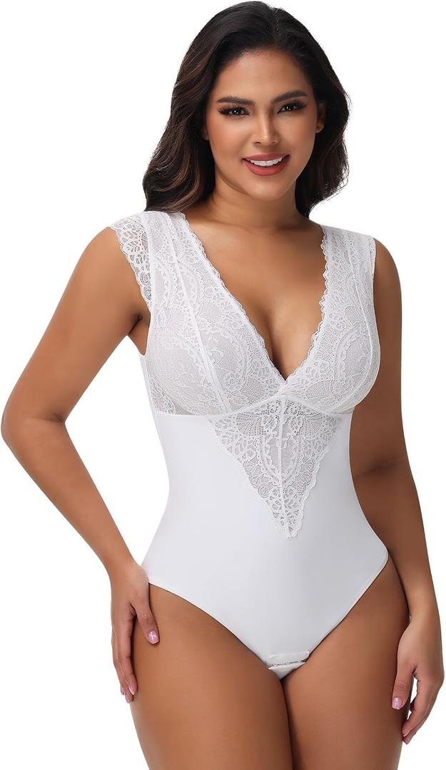 SHAPERIN Sexy Lace Bodysuit for Women Tummy Control Thong Shapewear Deep V Neck Body Suits Corset Tops Going Out Tank Top (White, L)