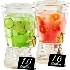2 Pack Drink Dispenser for Parties 1.6 Gallon, Large 6L Plastic Water Dispenser, Juice Beverage Dispensers for Counter Tops for Restaurants, Hotels, BBQ, Picnic, Party