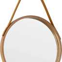 Natural Round Hanging Mirror, 11.8 Inch Farmhouse Mirror with Leather Hanging Rope for Bathroom, Bedroom, Living Room, Entryway Home Decor. (Natural, S-11.8in)
